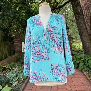 Lilly Pulitzer, turquoise multi color print, silk, long sleeve, size M, blouse